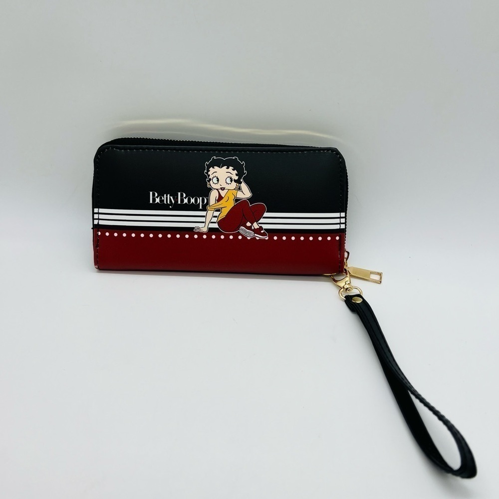 BETTY BOOP ZIP AROUND WRISTLET BLACK, RED AND GOLD HARDWARE